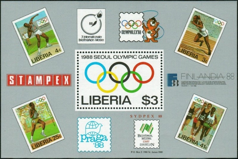 Liberia 1988 Summer Olympics, Seoul and Various Stamp Exhibitions Souvenir Sheet Liberia 1988 Summer Olympics, Seoul and Various Stamp Exhibitions Souvenir Sheet